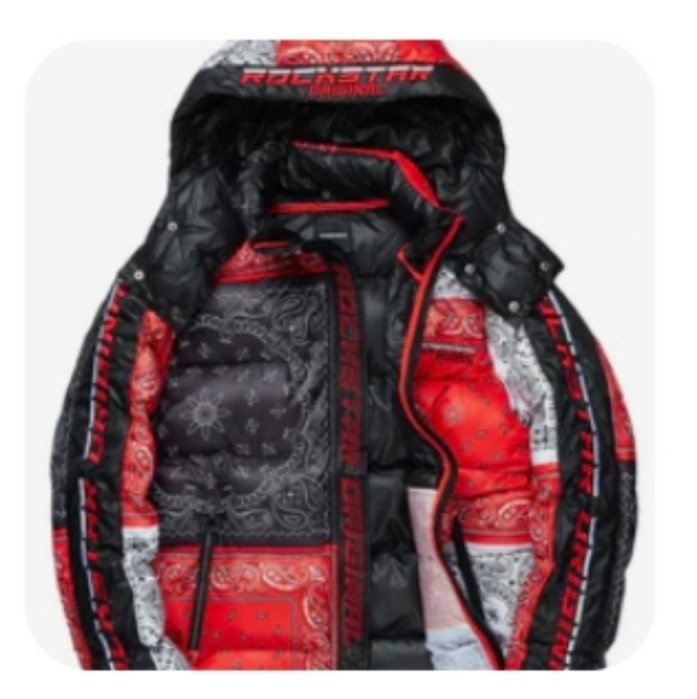 Red and Black Bandana Print Puffer Jacket